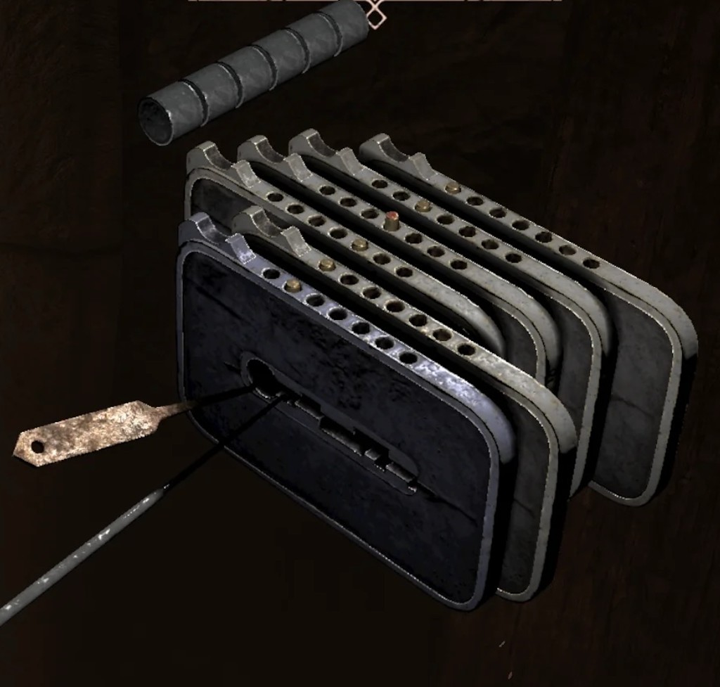 In-game lock with five visible plates and pin holes along the top
